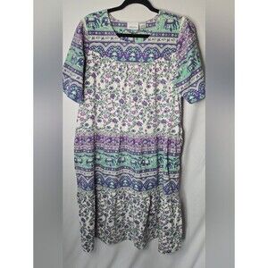 Vermont Country Store Women's M Tiered Maxi Dress Purple Green Floral Elephants